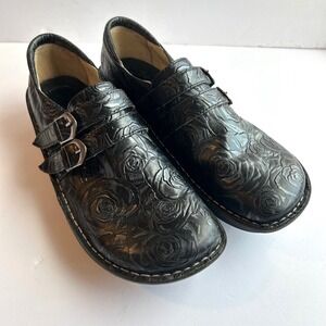 Alegria Alli Clogs Womens 41 US 10.5 Black Embossed Buckle Rose Slip On Loafers